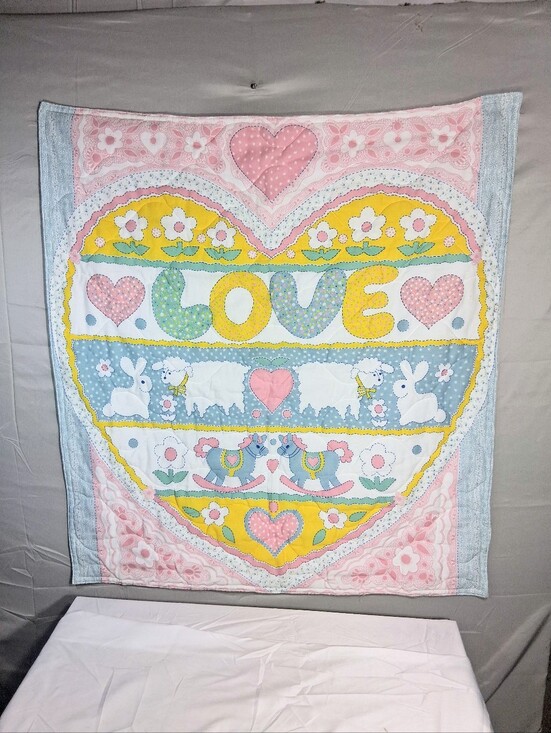 Other - Cute 1980's Vintage 36" X 33" Pastel "Love" Applique Style Crib/Stroller Quilt